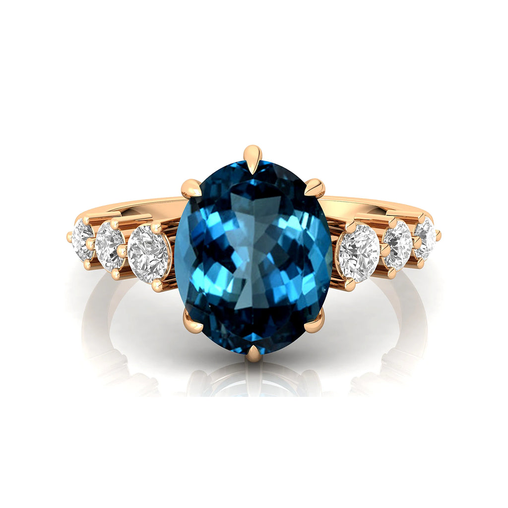 Elegant Design Oval Cut Natural London Blue Topaz Gemstone Cluster Rings in 18k Solid Gold With Real Diamonds Fine Bridal Rings