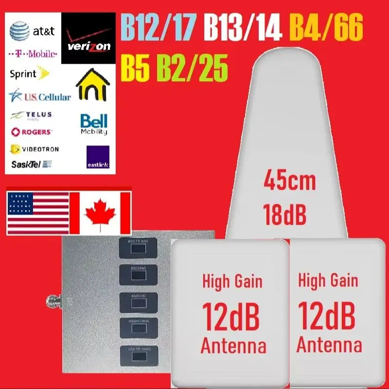 5-Band Cell Phone Boosters B12 B13 B17 B5 B4 B2 B25 B66 Cellular Signal Amplifier Boost Repeater for Verizon AT&T T-Mobile