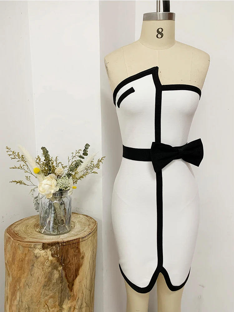 Women's Patchwork Mini Bandage Black Bow Strapless Bodycon 2023 Summer Sexy Elegant Club Celebrity Evening Party Dresses