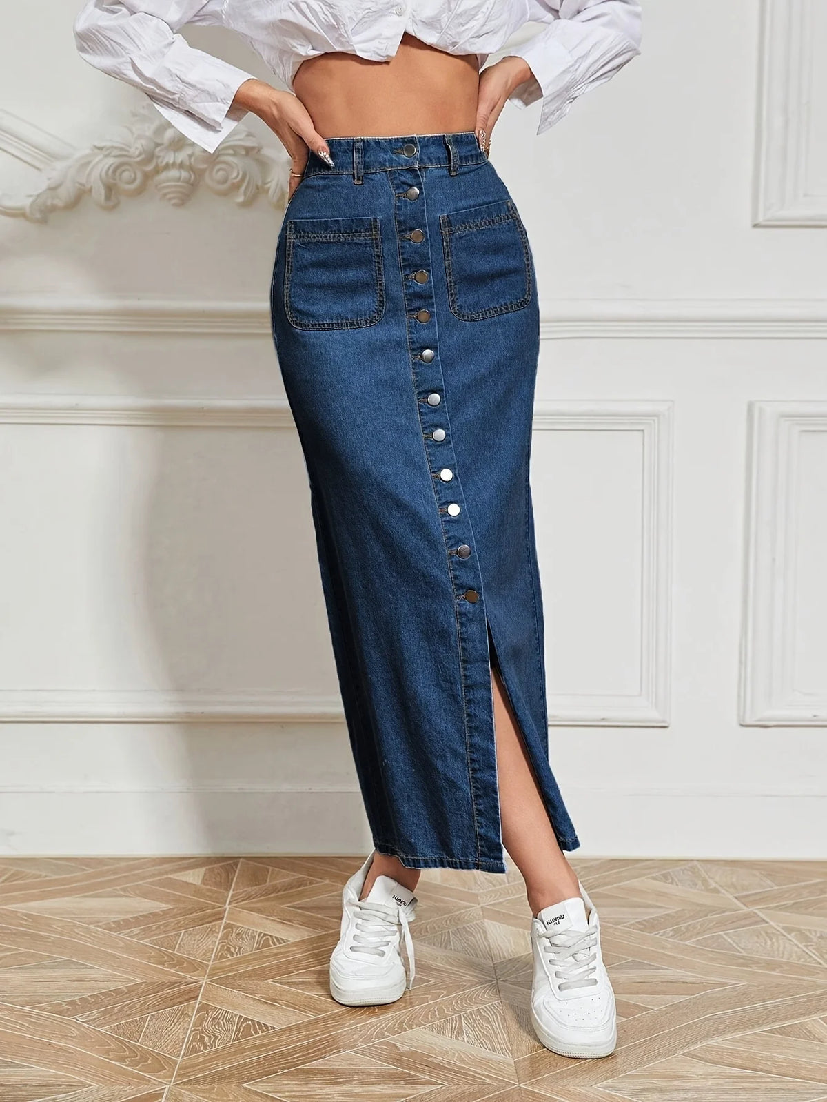 Women's Blue Stretch Denim Long Skirt With Multi-Breasted Details Slim And Sexy Style Casual And Fashionable Long Denim Skirt  F
