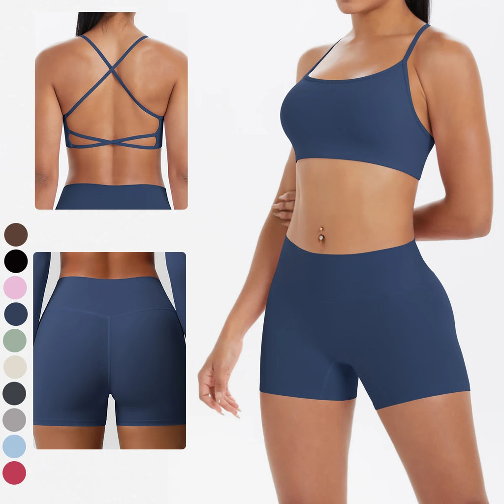 Yoga Short Sets Women Beauty Back Sports Bra SportsWear Sport Outfit For Woman Running Crop Top Shorts Suit Workout Clothes