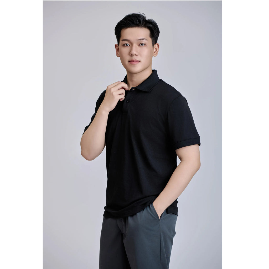 Shirt Black Front 200 Grams Casual Short Sleeve Vietnamese Made Button Regular Knitted TC 60% Cotton +40% Polyester