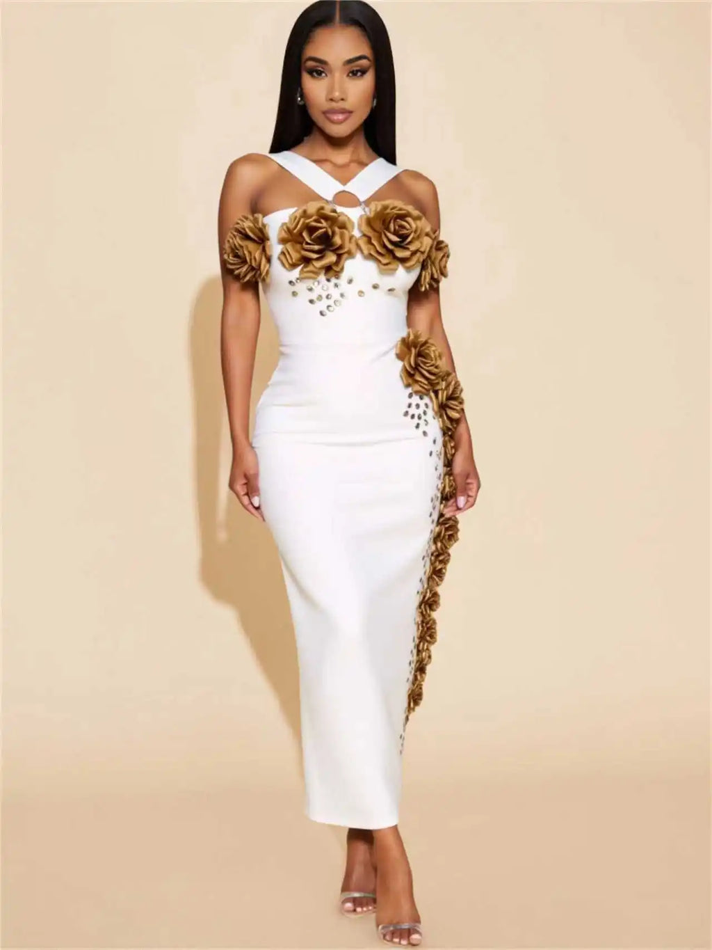 Summer 2025 Women's Fashion Hanging Neck Flower Embedded Diamond Sleeveless Long Wrap Dress Elegant Party Dress
