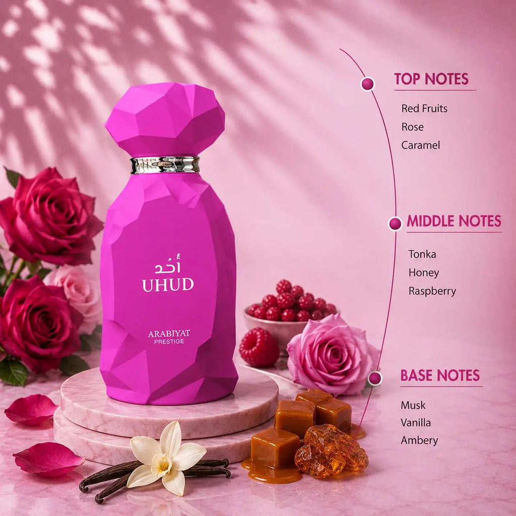 Arabiyat Prestige Uhud Eau De Parfum Spray for Women – Sweet Oriental Floral & Vanilla Gourmand Scent, Long-Lasting Premium Arabian Fragrance, Perfect Gift, 100 ml / 3.4 Fl oz