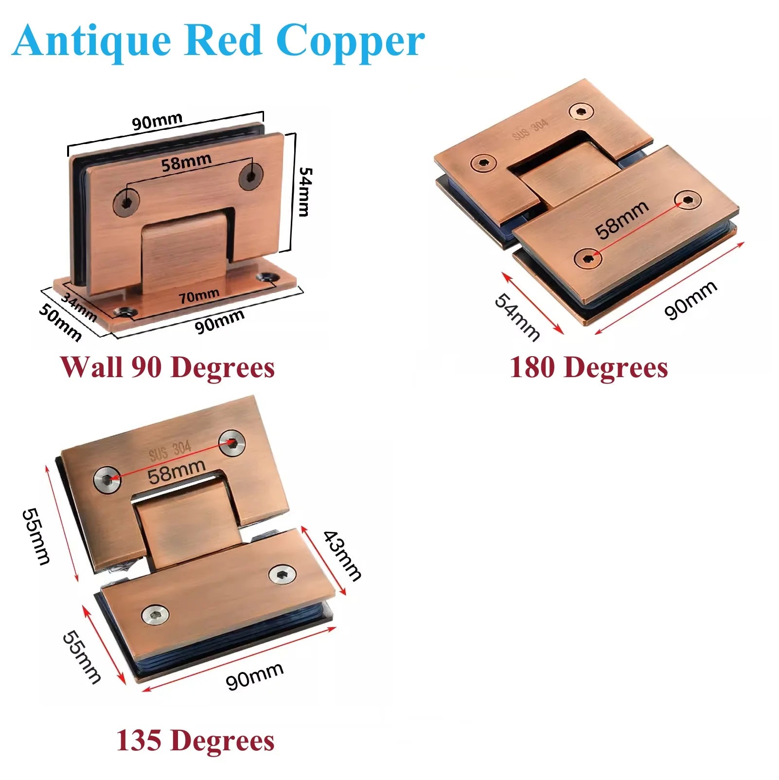 2Pcs 304 Stainless Steel Shower Enclosure Door Hinge 90 135 180 Degrees Rose Gold Matte Black Mirror Antique Bronze White