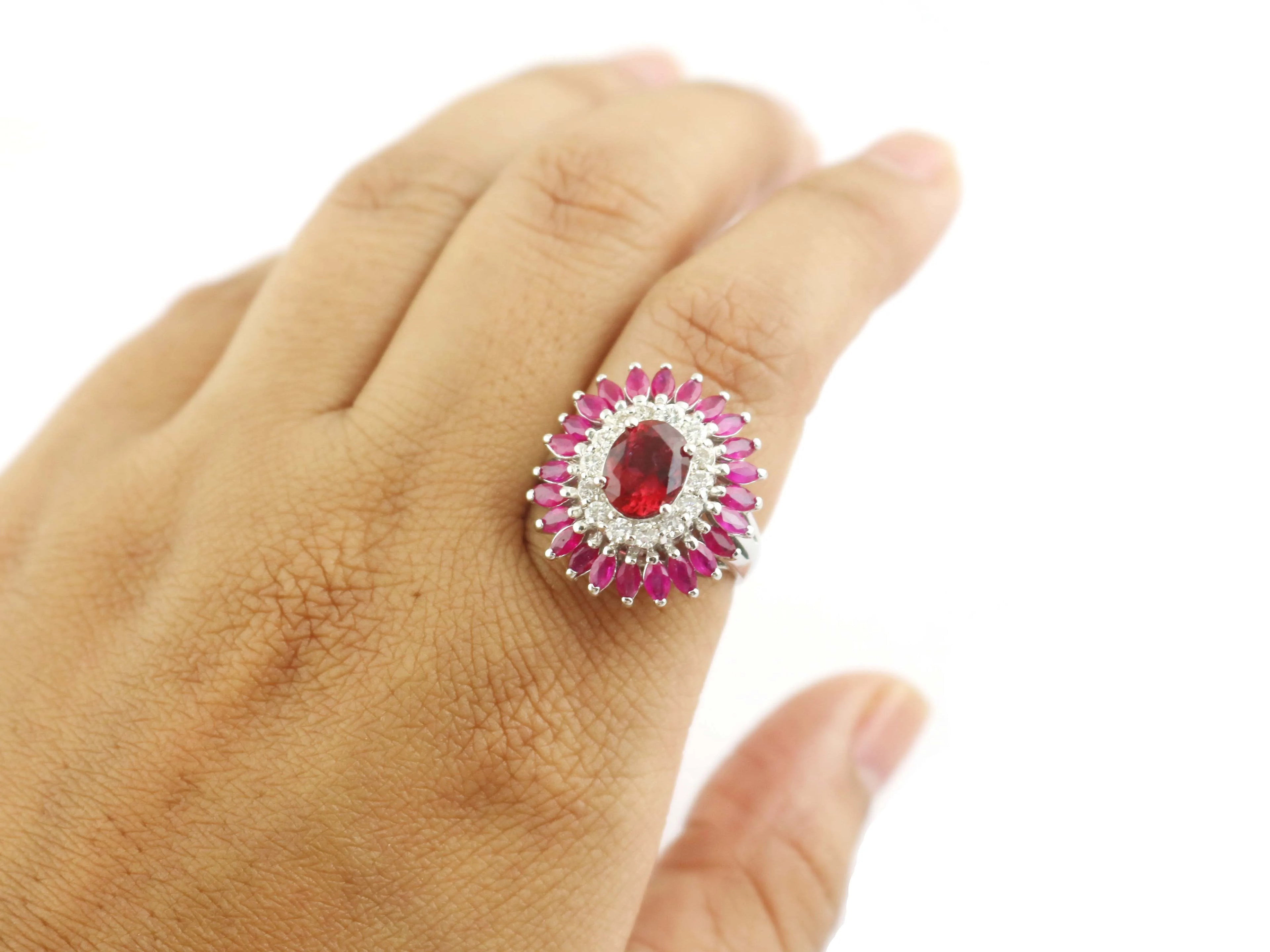 Ruby 925 Sterling Silver Flower Handmade Chunky Halo Anniversary Gemstone Ring For Women