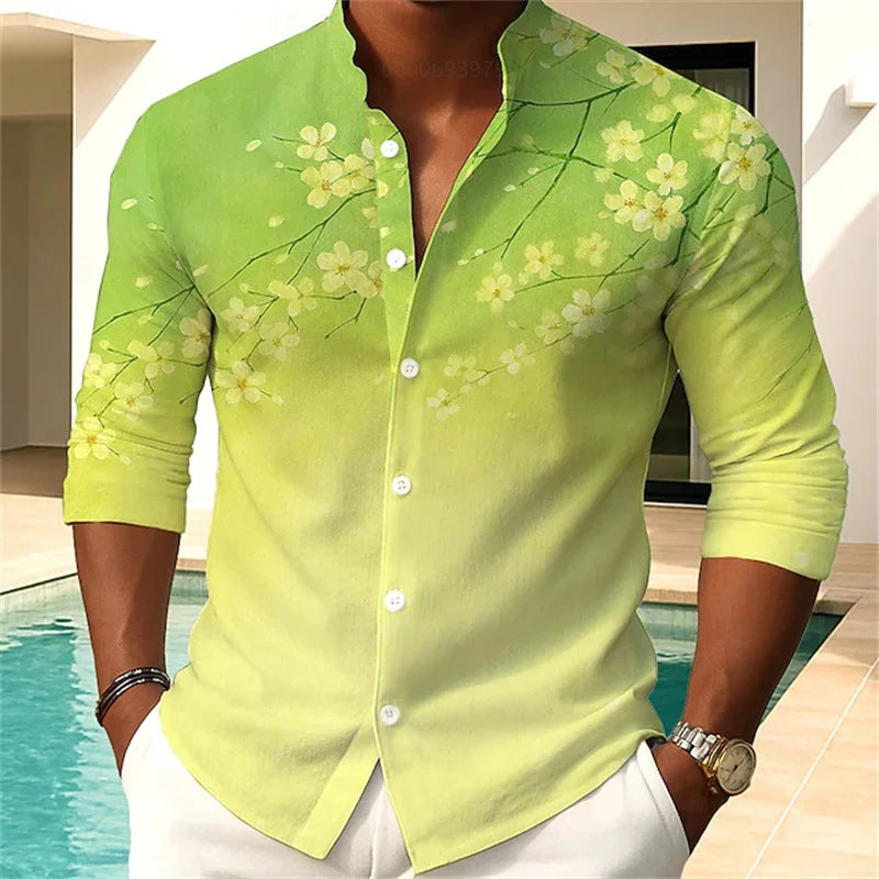 Men's floral print shirt fashion casual outdoor vacation daily spring and autumn Chinese style stand collar shirt pink blue
