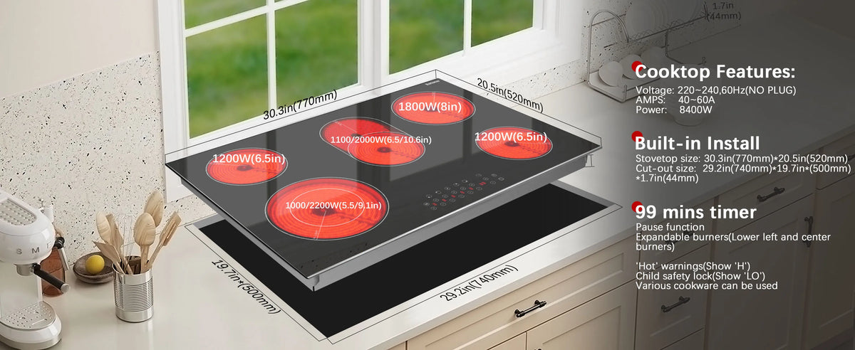 Karinear 2 Burners Electric Cooktop, 120v Plug in Ceramic Cooktop, 12 Inch Countertop & Built-in Electric Stove Top with Child Safety Lock, Timer, Over-Temperature Protection, Sensor Touch Control