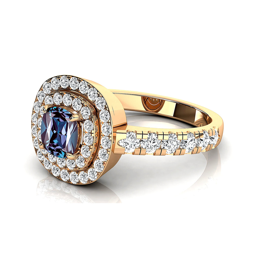 18k Solid Gold Handmade Rings Cushion Cut Lab Grown Alexandrite Gemstone and Real Diamonds Wedding Rhodium Plated Halo Ring