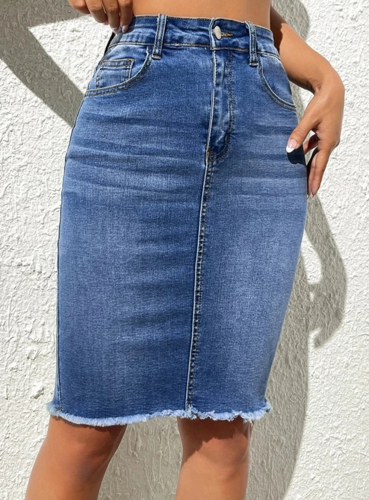 2024 Summer New High Elastic Raw Edge Slim Denim Skirt for Women Fashion Skinny Jeans Hip Cover Skirt Casual Ladies Clothing