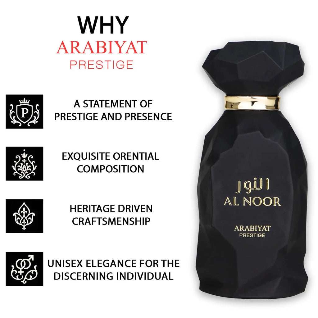 Arabiyat Prestige Al Noor Eau de Parfum Spray for Unisex – Radiant Oriental Woody, Amber & Soft Spicy Scent, Addictive Long‑Lasting Sillage, Perfect Eid & Anniversary Gift, 100 ml / 3.4 fl oz