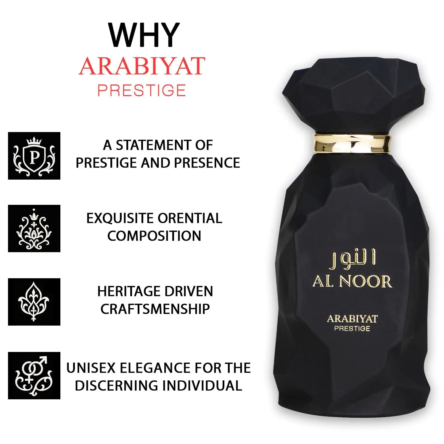 Arabiyat Prestige Al Noor Eau de Parfum Spray for Unisex – Radiant Oriental Woody, Amber & Soft Spicy Scent, Addictive Long‑Lasting Sillage, Perfect Eid & Anniversary Gift, 100 ml / 3.4 fl oz