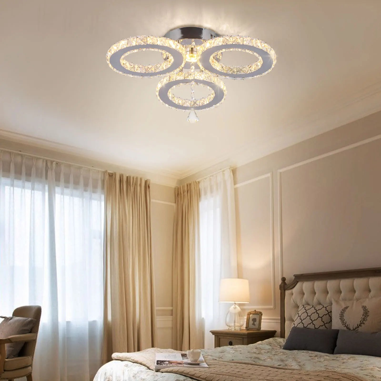 16.1 ''  Modern 3 Rings LED Ceiling Lights Nordic Style K9 Crystal Warm Light Ceiling Light for Living Room