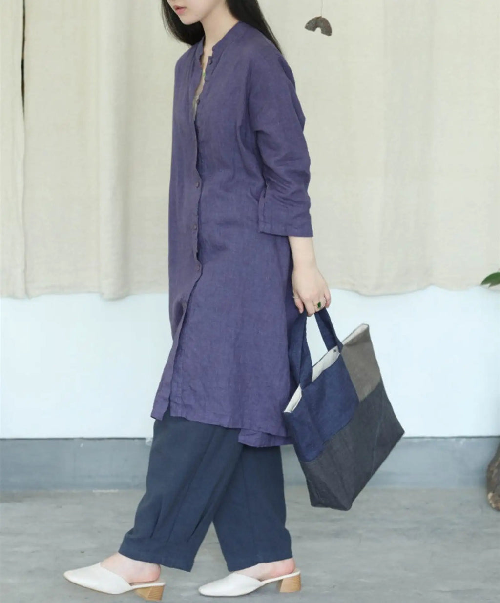 Custom Women's 100% Linen Midi Dress Regular Fit Robe Buttons Woven Eco-Friendly Washable Natural Waistline Plus Size