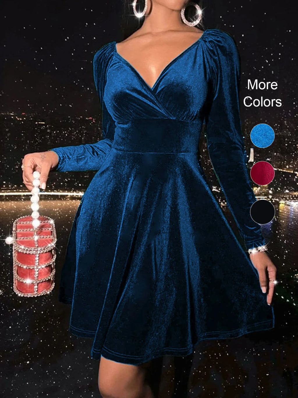 Women's Velvet V Neck Short Dress, Elegant Long Sleeve Dress for Party Club Dating Wear, Women's Dress for Fall & Winter