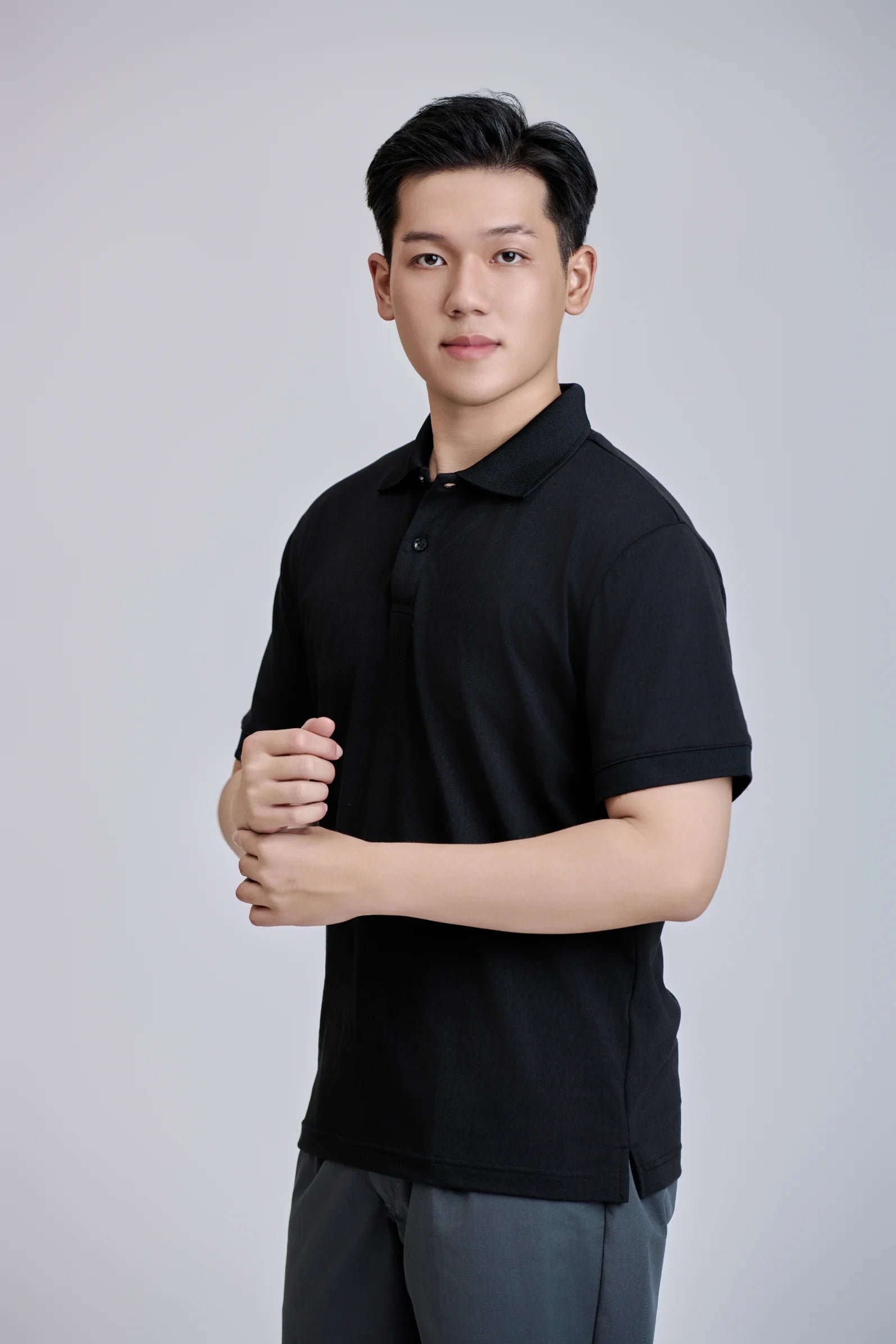 Front 200 Grams Short Sleeve Button Regular TC 60% Cotton +40% Polyester Casual Knitted for Shirt Black Vietnamese Made