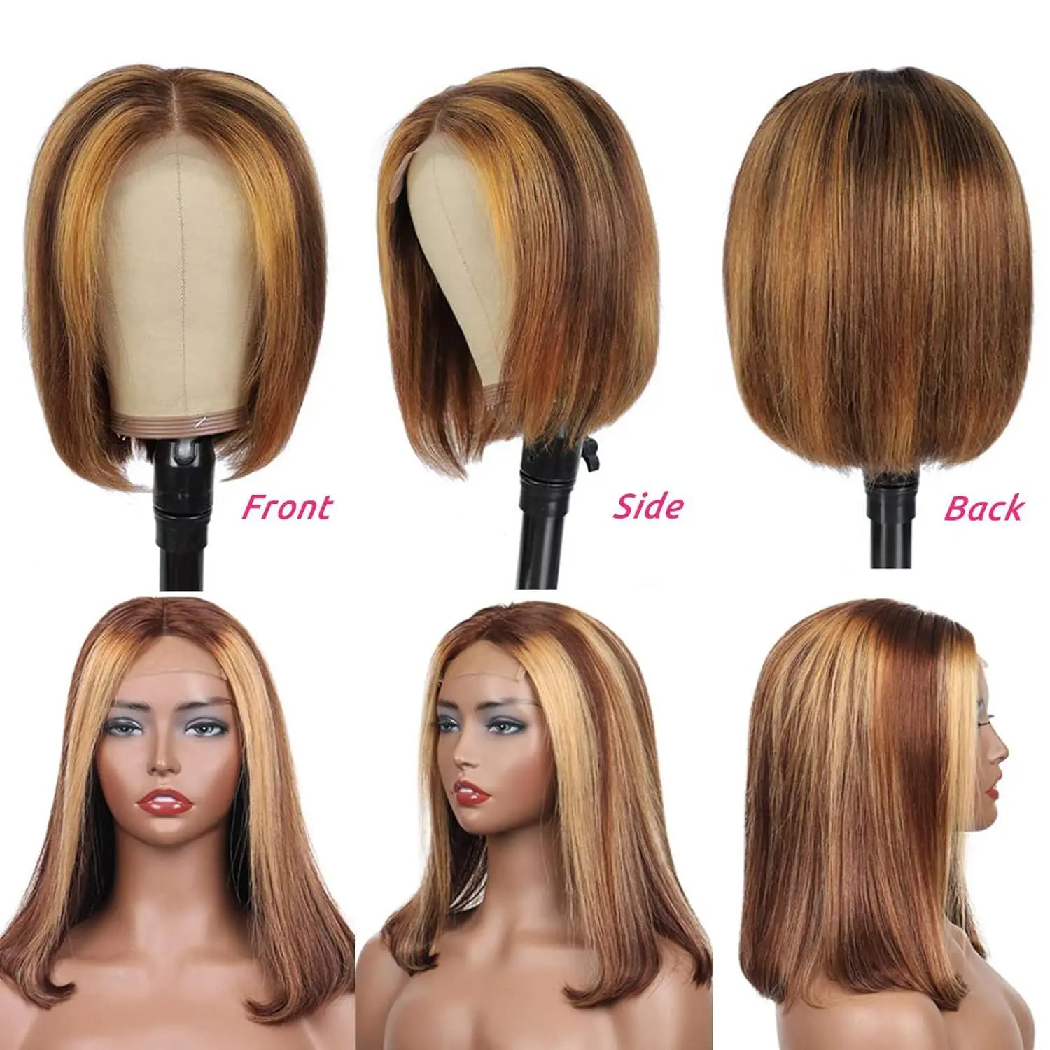 Bob Wig Human Hair 13x4 HD Lace Frontal Short Straight Lace Front Bob Wigs For Women Human Hair Pre Plucked Side Part 150% Density Ombre Highlight 4/27