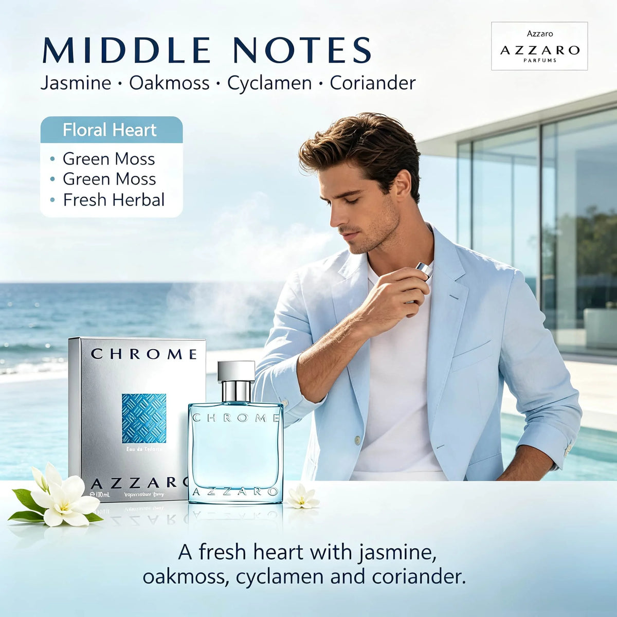 Azzaro Classic Men's Aquatic Eau De Toilette, 3.4 oz. 100 ml, bergamot+rosemary+ocean Flavor, Jasmine at the Beginning, Middle Note Musk with Oak Moss, cedar at the End, Clean, Lasting 6-8 Hours of Daily Commuting/