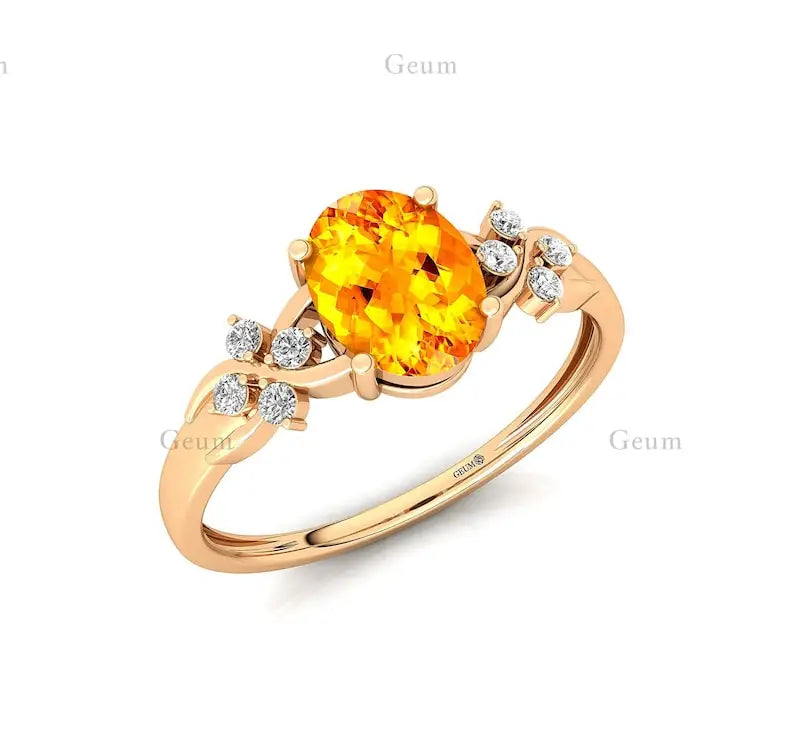Heirloom Quality 14K Solid Gold Unique Oval Shape Natural Citrine Gemstone & Real IGI Certified White Diamonds Fine Bridal Rings