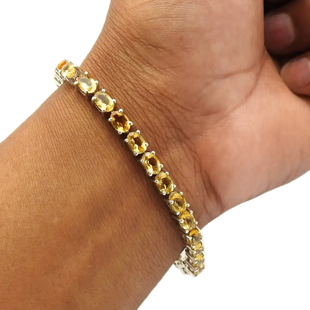 Fine Hip Hop Bohemian Jewelry With Yellow Citrine Gemstone 925 Silver Prong Set Gemstone Bracelet In Oval Cut For Men & Women