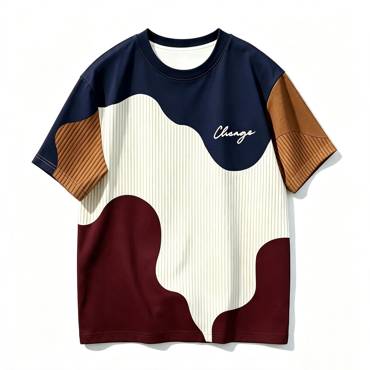 Men Chicago Letter Patchwork T-shirt Wavy Color Block Striped Short Sleeve Crew Neck Casual Streetwear Tops