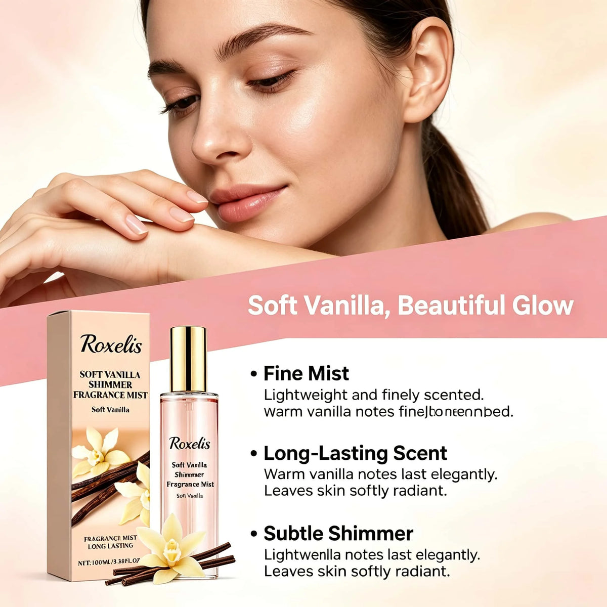 Soft Vanilla Shimmer Fragrance Mist Sandalwood Extract Elegant Scent Boost Confidence Romantic Atmosphere Long Lasting Glow Perfume Spray
