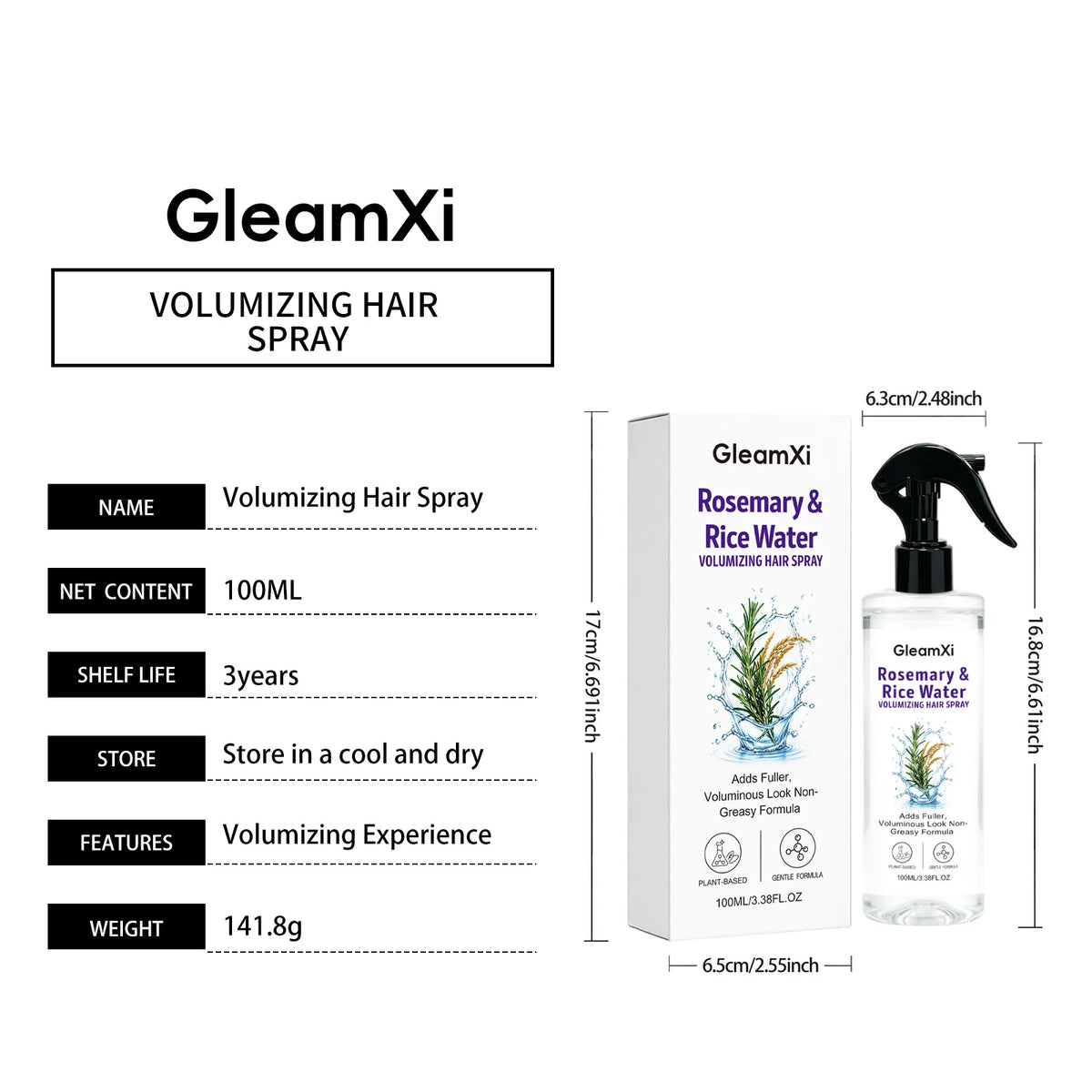 GleamXi Rosemary Rice Water Hair Care Spray Nourishing Strengthening Non-Greasy Volumizing Gentle Formula Shine Boosting Hair Mist