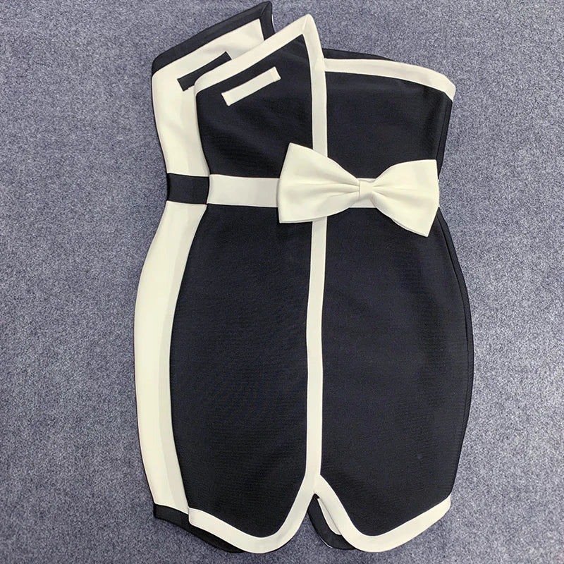 Women's Patchwork Mini Bandage Black Bow Strapless Bodycon 2023 Summer Sexy Elegant Club Celebrity Evening Party Dresses