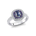 18k Solid Gold Handmade Rings Cushion Cut Lab Grown Alexandrite Gemstone and Real Diamonds Wedding Rhodium Plated Halo Ring