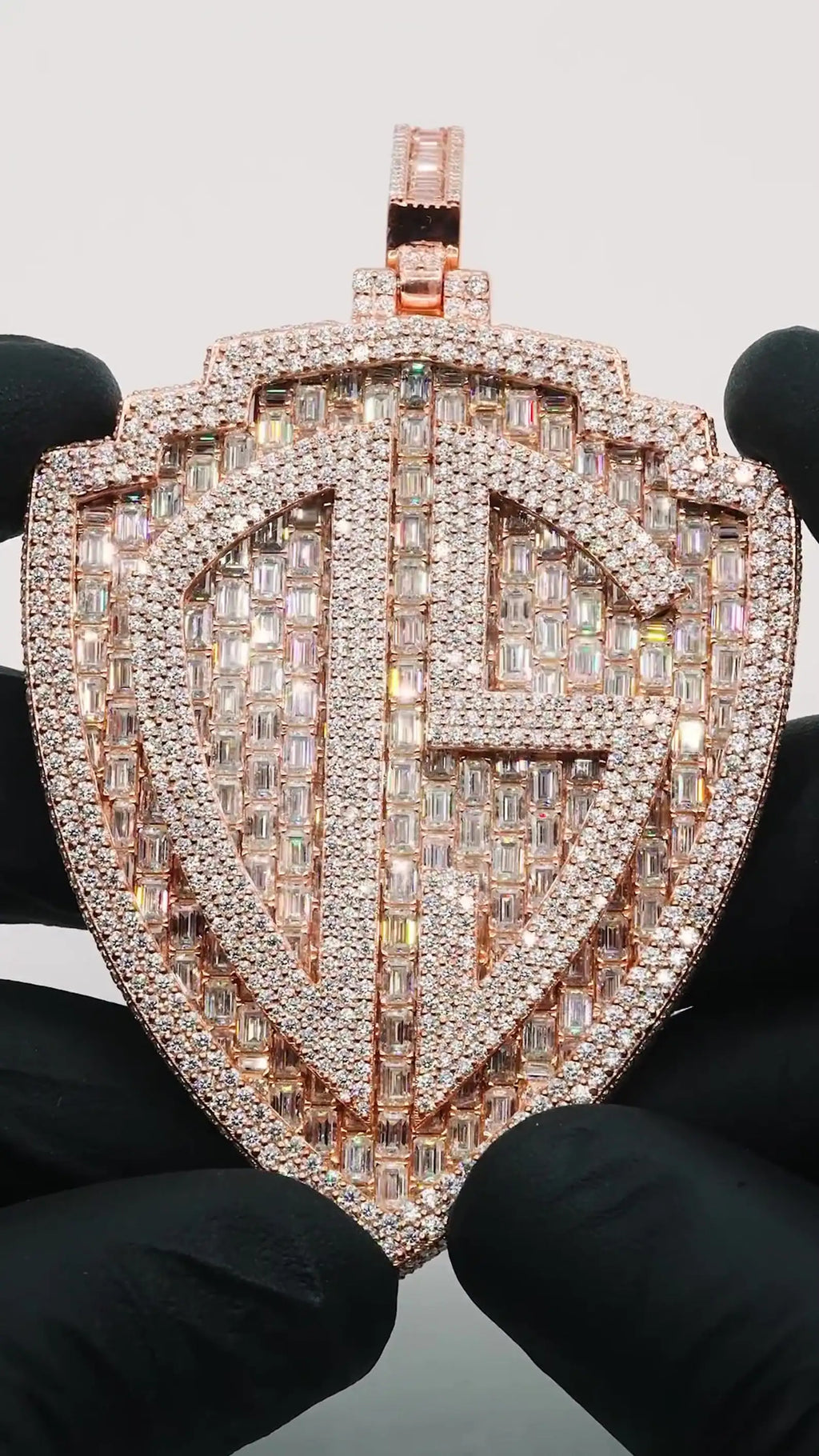 Custom Luxury Hip Hop Men's Moissanite Necklace with Rose Gold Shield Logo Pendant Baguette & Cut Diamonds