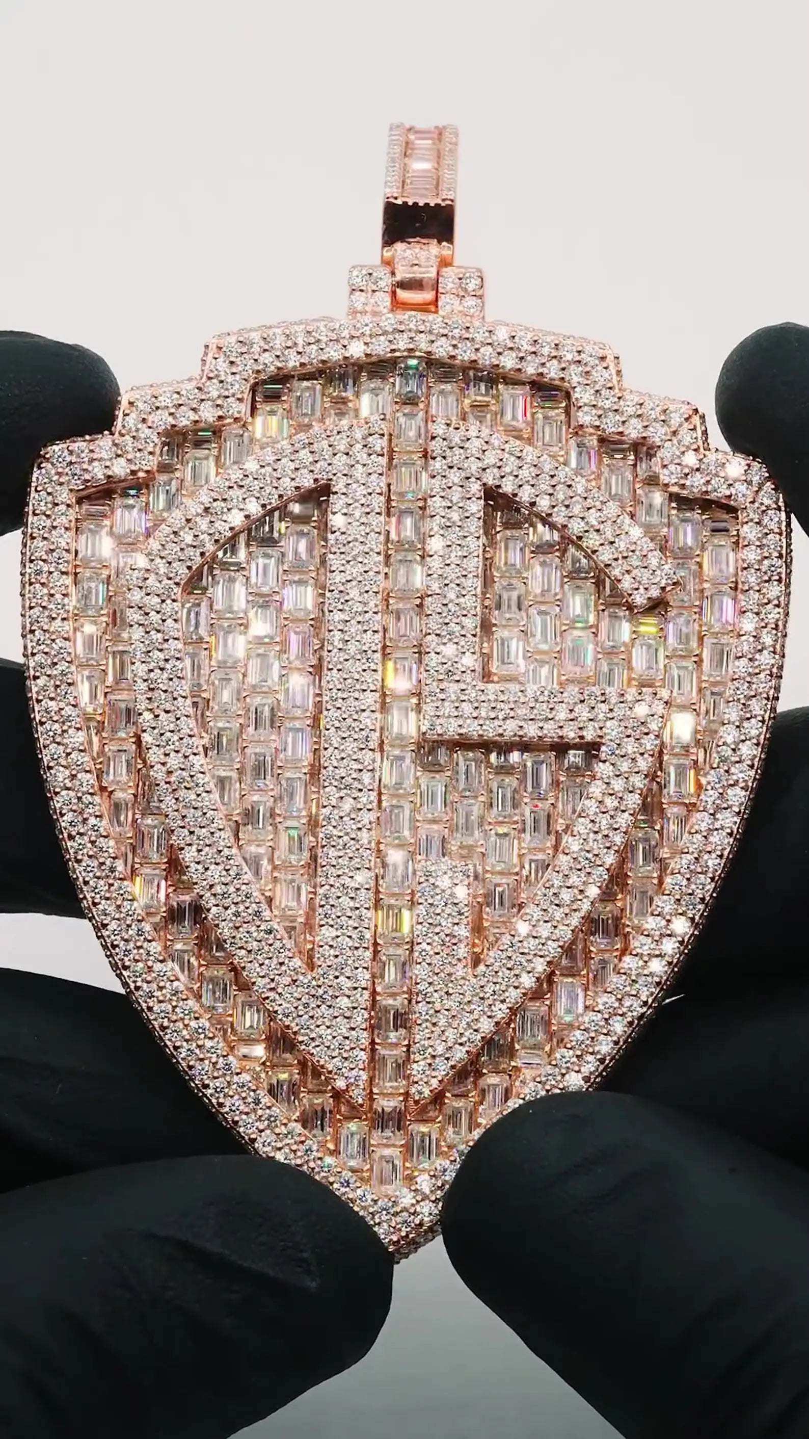 Custom Luxury Hip Hop Men's Moissanite Necklace with Rose Gold Shield Logo Pendant Baguette & Cut Diamonds
