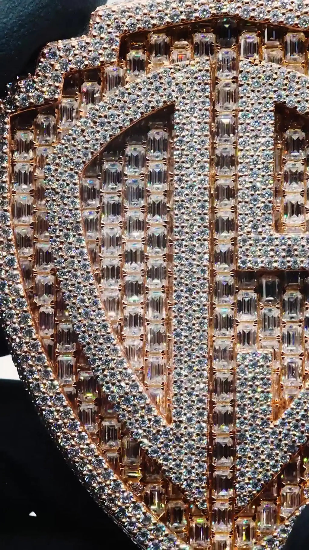 Custom Luxury Hip Hop Men's Moissanite Necklace with Rose Gold Shield Logo Pendant Baguette & Cut Diamonds