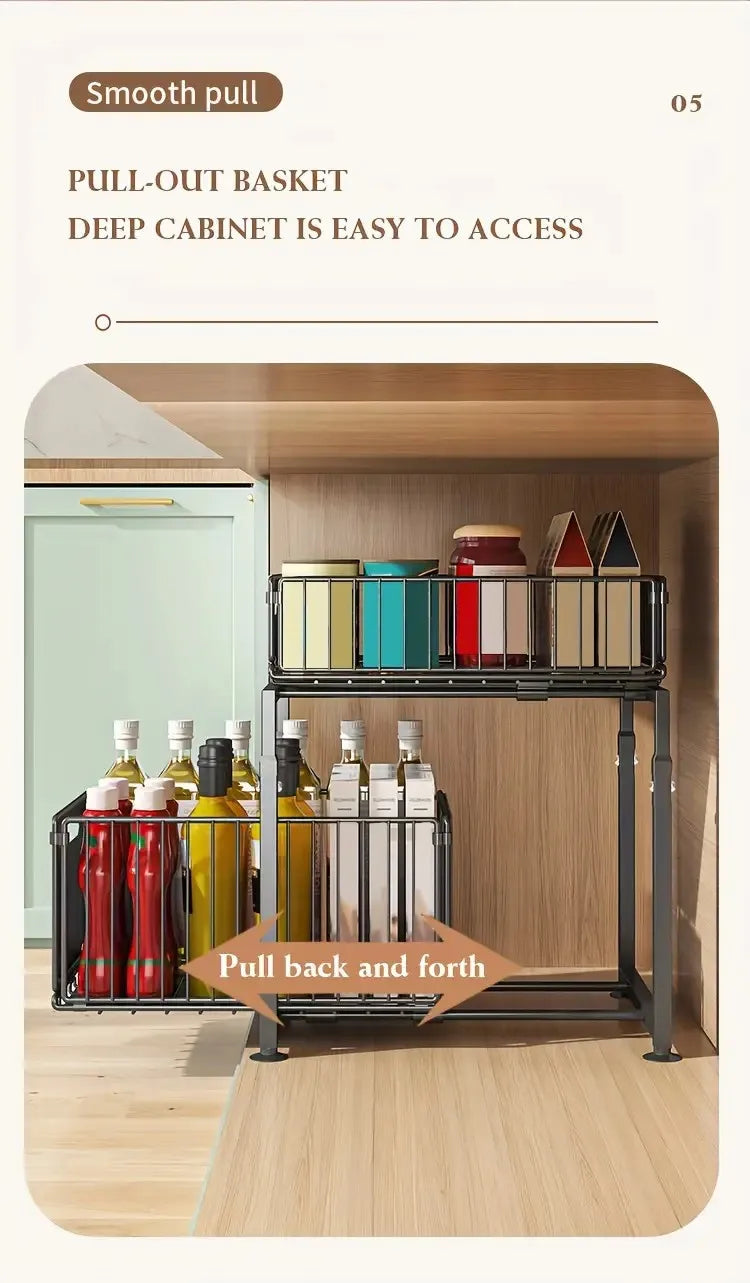 2 Tier Pull Out Cabinet Organizer Drawer Height Adjustable Kitchen Rack for Cabinet Under Sink Organizer Spice Jar Storage Shelf