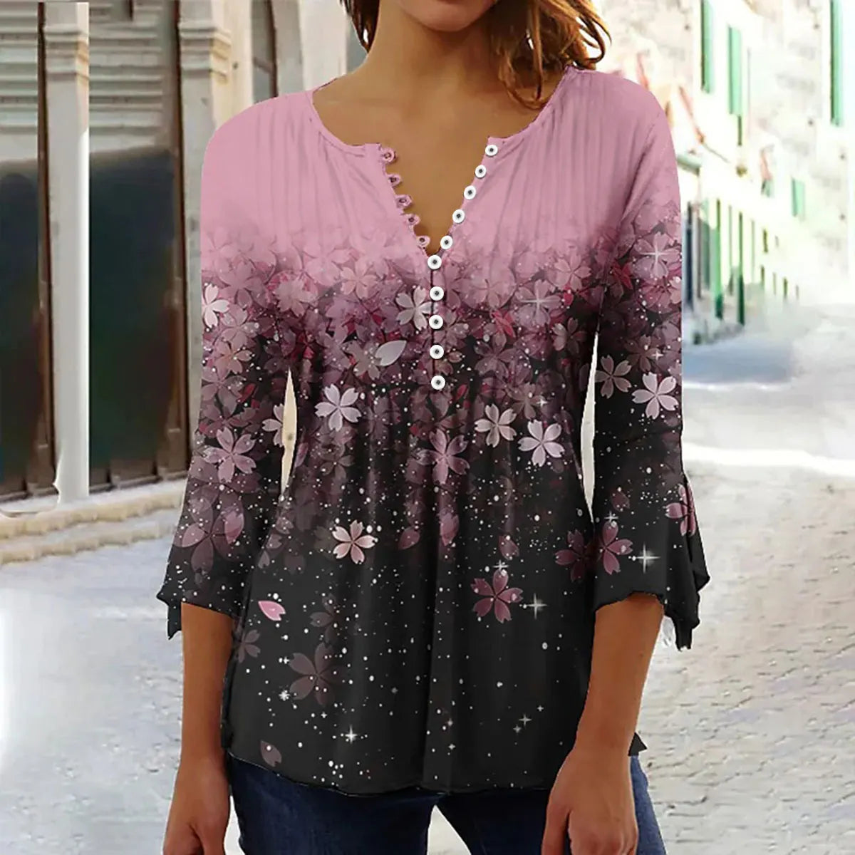 2024 Trendy 3D Printed Shirts for Women Spring Summer 3/4 Sleeve V Neck Buttons Blouse Shirt Elegant Ladies Long Sleeve Tops