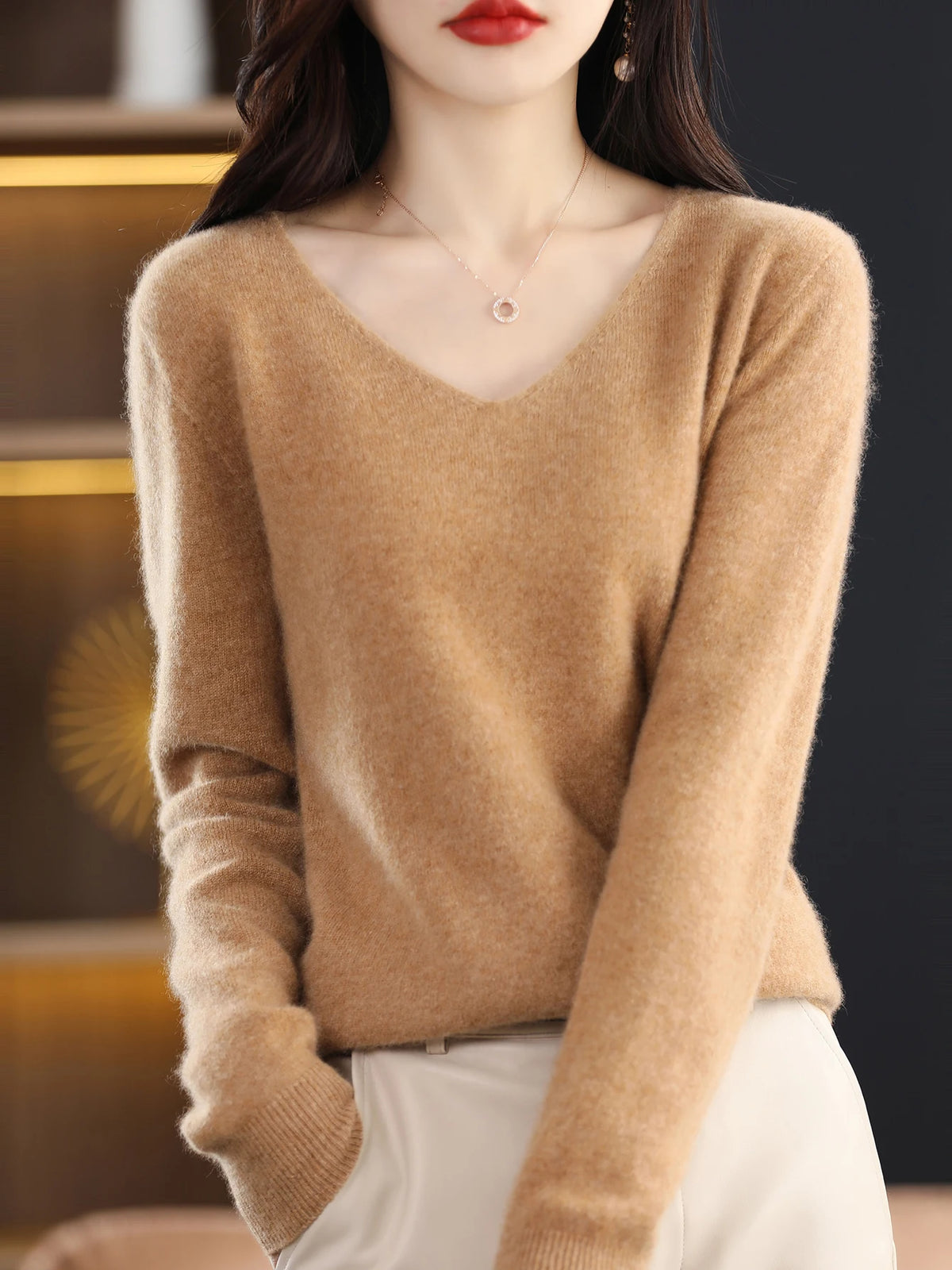 Sweater for Women 100% Merino Wool V Neck Sweater Fall Winter Basic Warm Pullovers Long Sleeve Soft Knit Jumpers Female Clothing