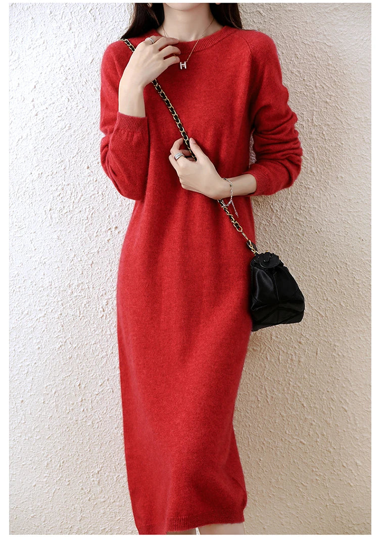 Cashmere Sweater Knitted Dresses 100% Merino Wool Women's Winter Female Elegant Pullovers Dress Autumn Casual Long Sleeve Skirts