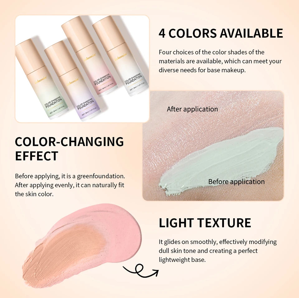 Color Changing Foundation Long-Lasting Makeup Effect Magic Foundation High Coverage Self-Coloring Cc Cream Cosmetics