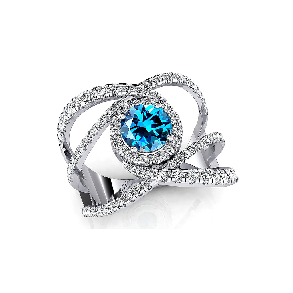 Natural London Blue Topaz Gemstone Rings 18k Solid Gold Rhodium Real Diamonds Handmade Wedding Statement Halo Ring Fine Jewelry