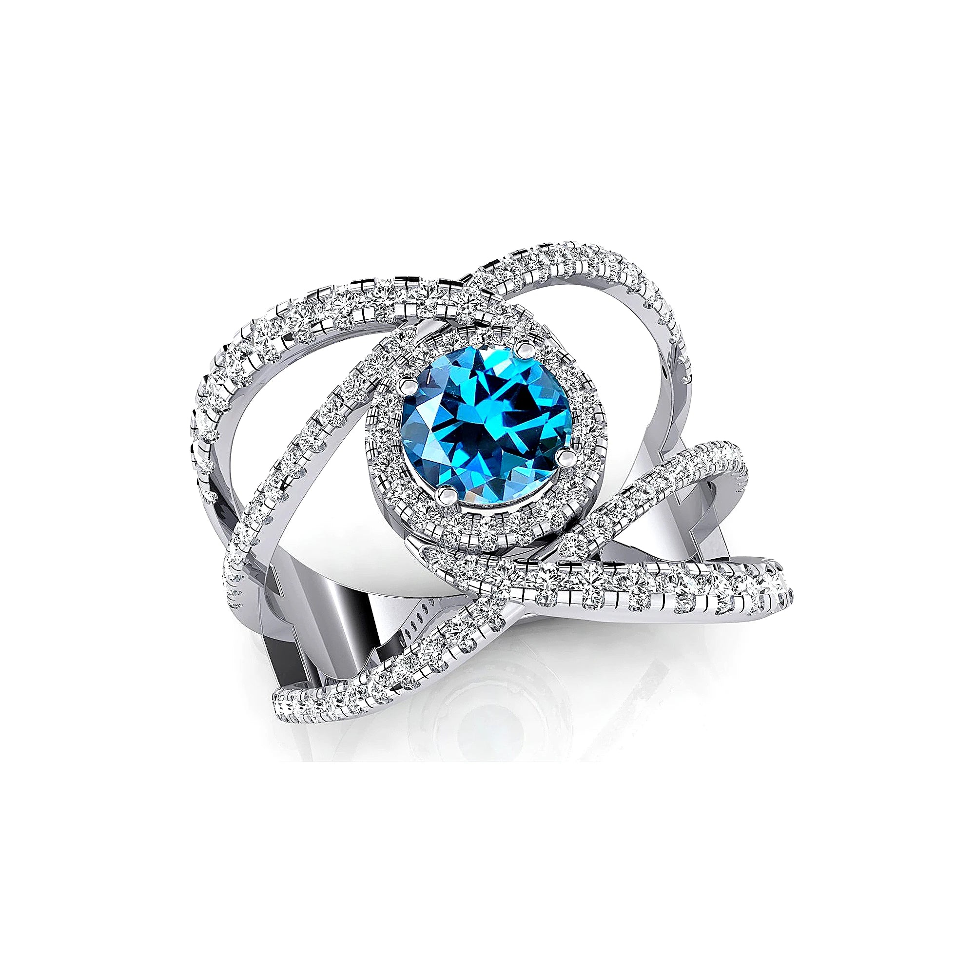 Natural London Blue Topaz Gemstone Rings 18k Solid Gold Rhodium Real Diamonds Handmade Wedding Statement Halo Ring Fine Jewelry