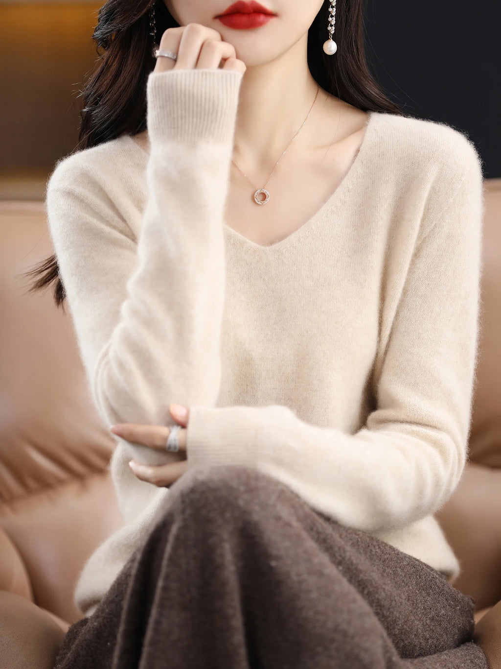 Sweater for Women 100% Merino Wool V Neck Sweater Fall Winter Basic Warm Pullovers Long Sleeve Soft Knit Jumpers Female Clothing