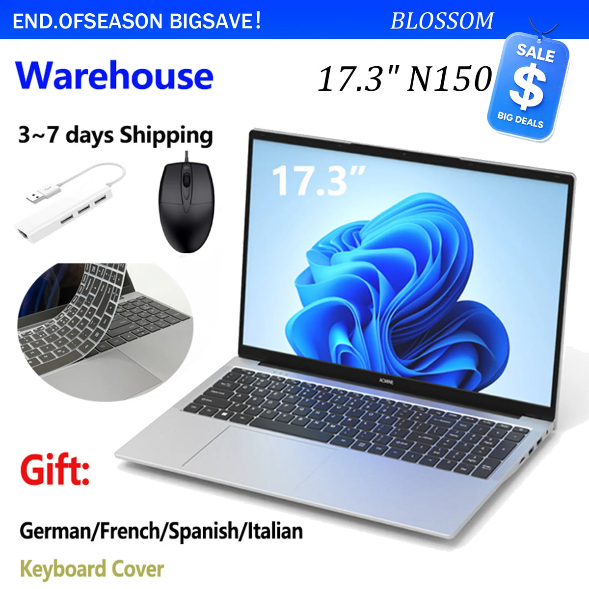 AX17.3 17.3" Laptop Intel N97 N150,16GB RAM 512GB/1TB SSD,Win11 Pro,Fingerprint Unlock,WIFI5 Type‑C HDMI,Business Notebook,EU Warehouse Fast Delivery,Free Multi‑language Keyboard Cover