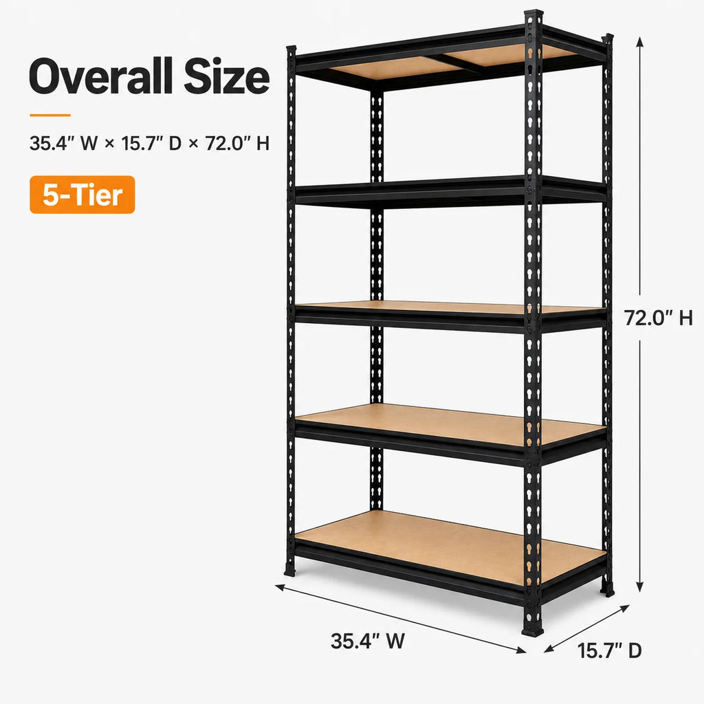 Heavy Duty 5-Tier Metal Shelving Unit with MDF Shelves, Adjustable Boltless Storage Rack Utility Organizer for Garage Basement Pantry