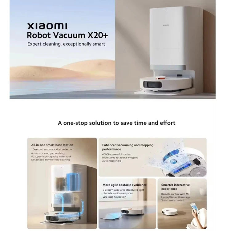 Mi Robot Vacuum Cleaner X20+ Plus 6000Pa Suction Wet & Dry Automatic APP Control Smart Home Floor Cleaning Robot