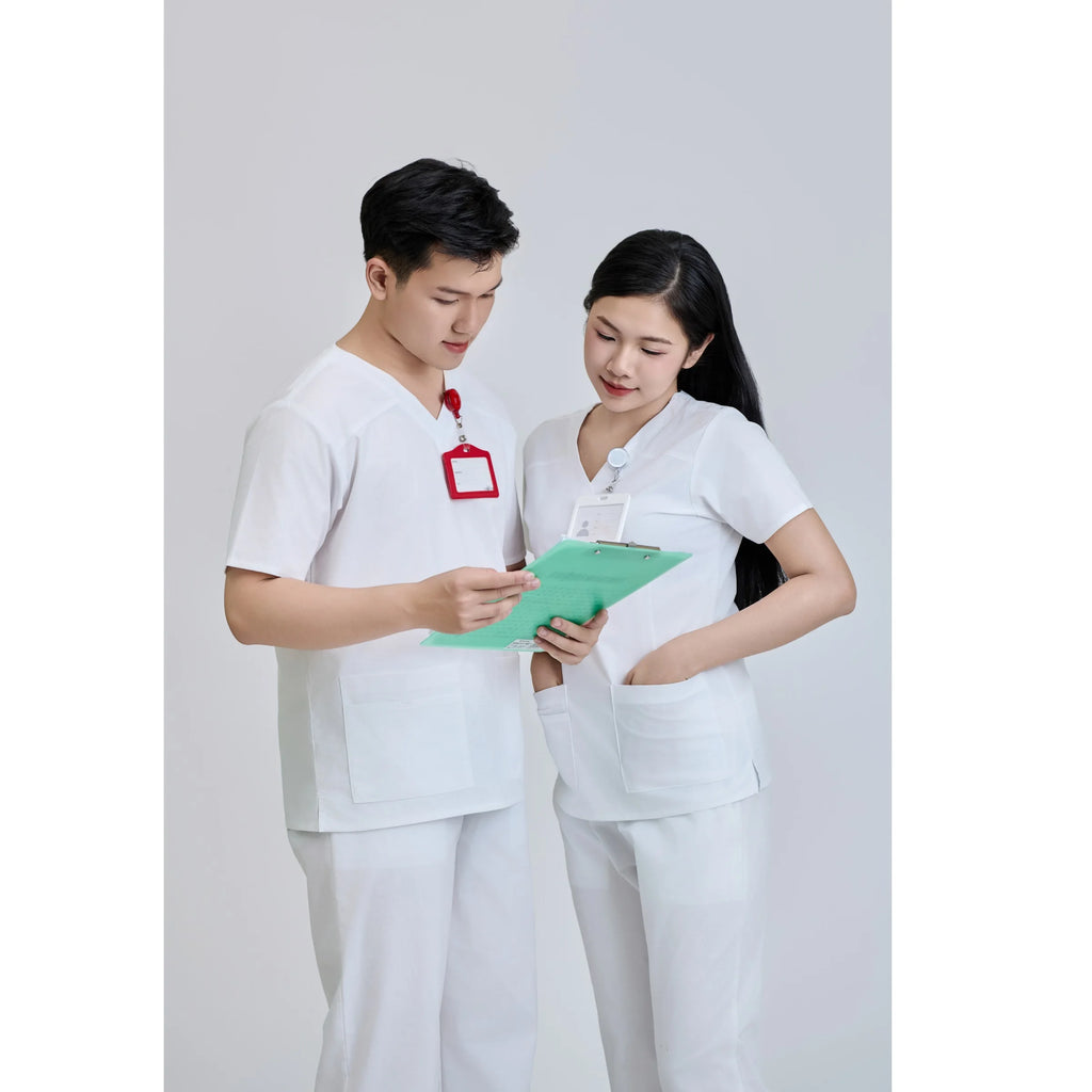 Unisex Medical Scrub White Set Fabric Needle Detection 52 Cotton 45 Polyester 3 Spandex WFX CVC FMF Vietnamese OEM