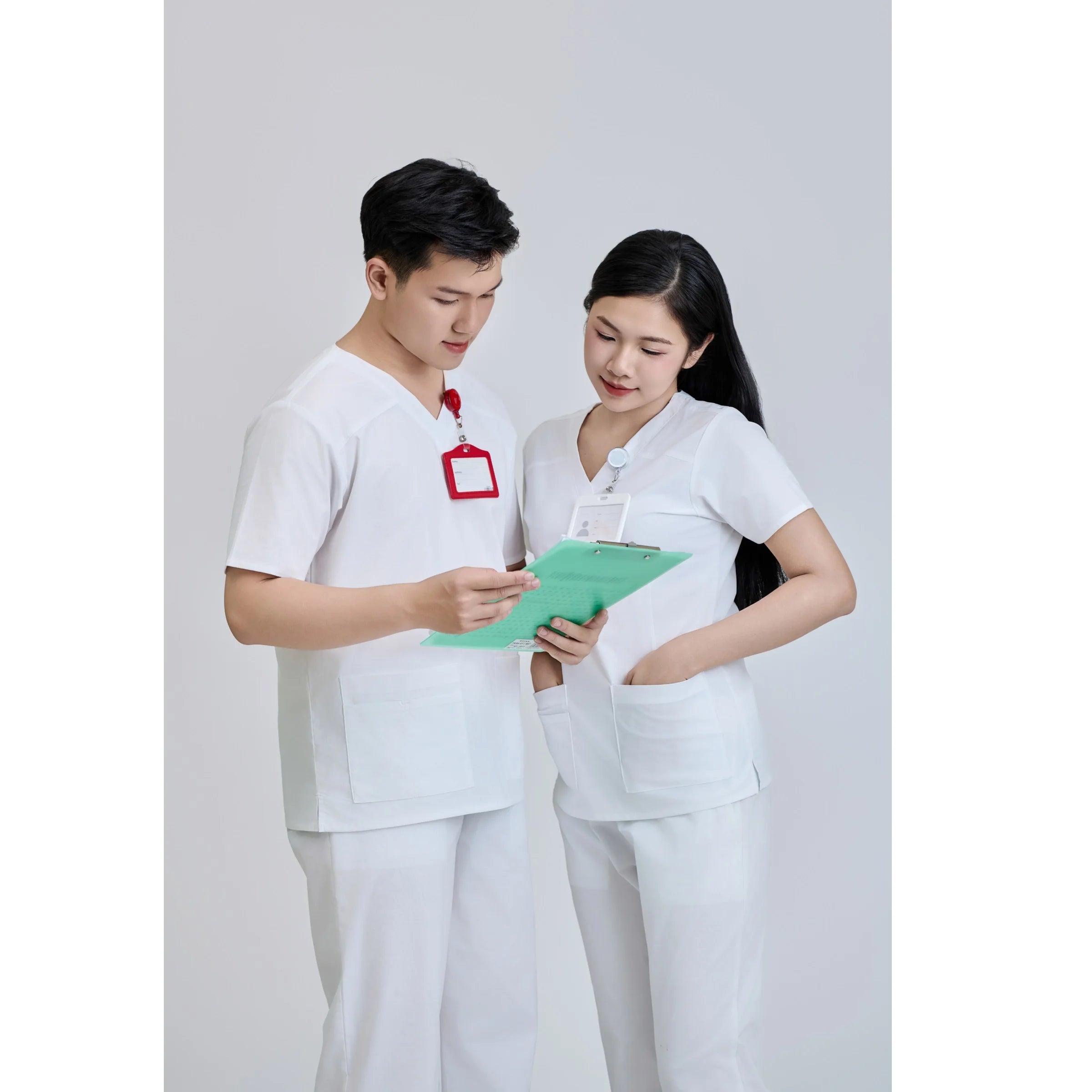 Unisex Medical Scrub White Set Fabric Needle Detection 52 Cotton 45 Polyester 3 Spandex WFX CVC FMF Vietnamese OEM