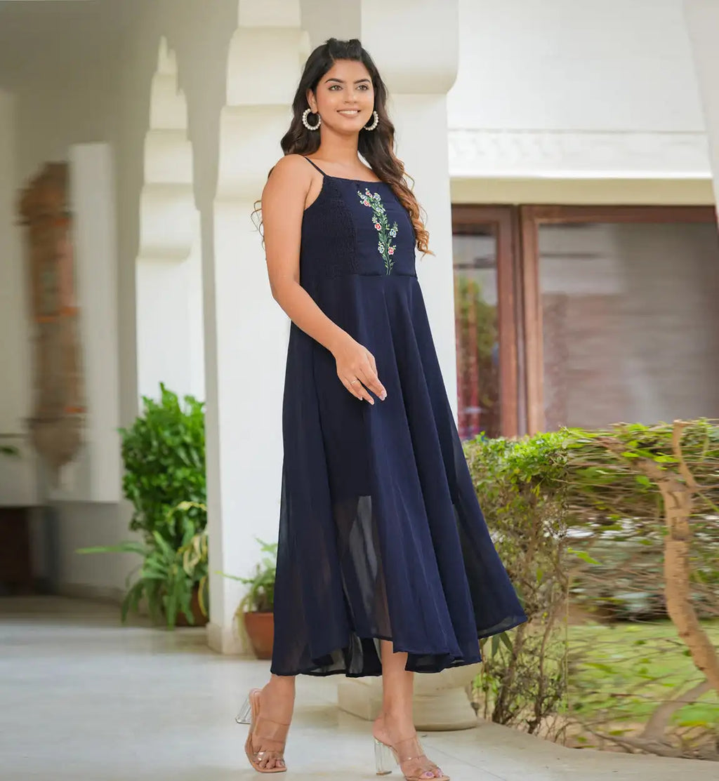 Blue solid smoking embroidered georgette a-line dress women with sleeveless design and square neck crafted soft flowing fabric