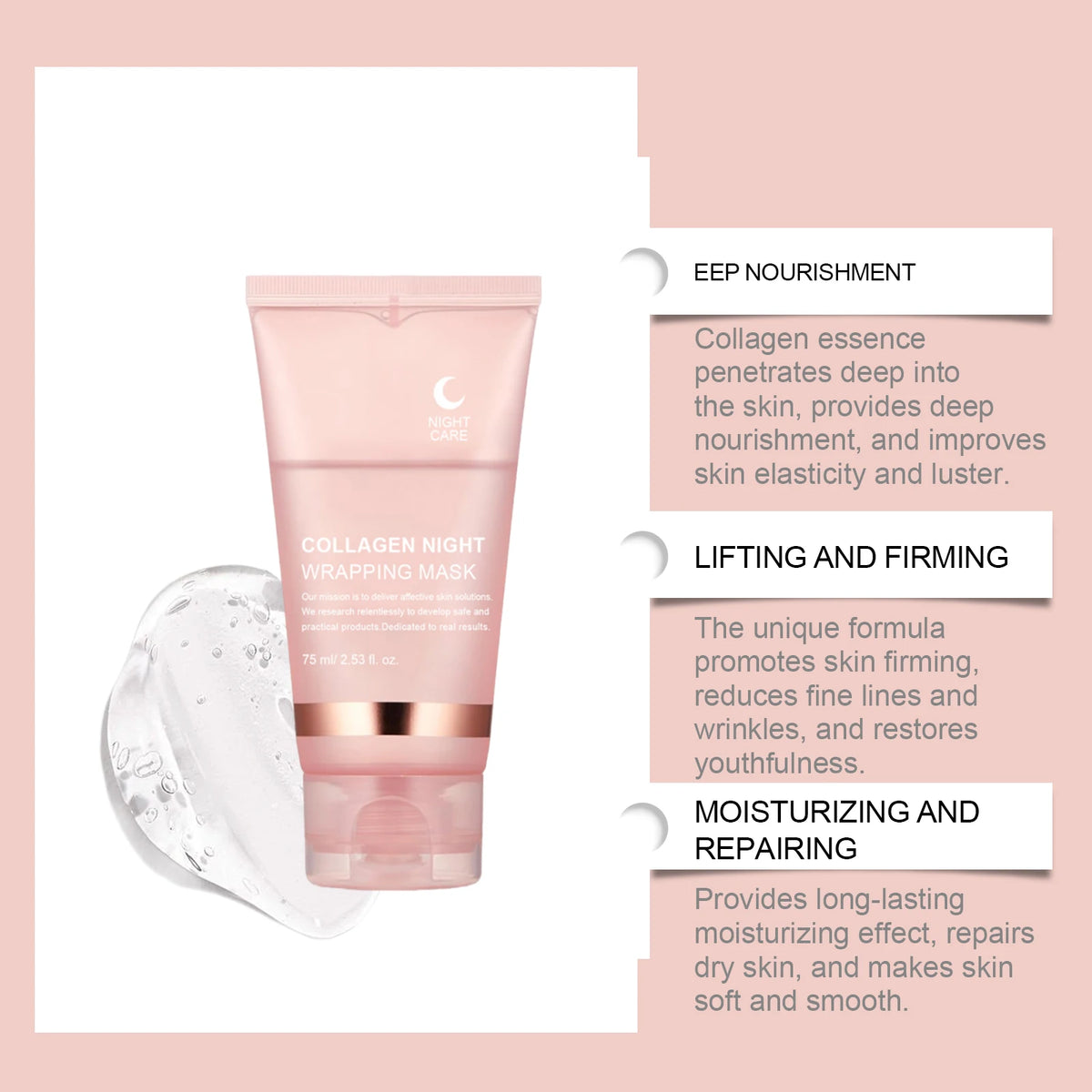 Collagen Night Wrapping Mask Deep Hydrating Firming Brightening Overnight Facial Skin Care Night Wrapping Mask with Brush 75g
