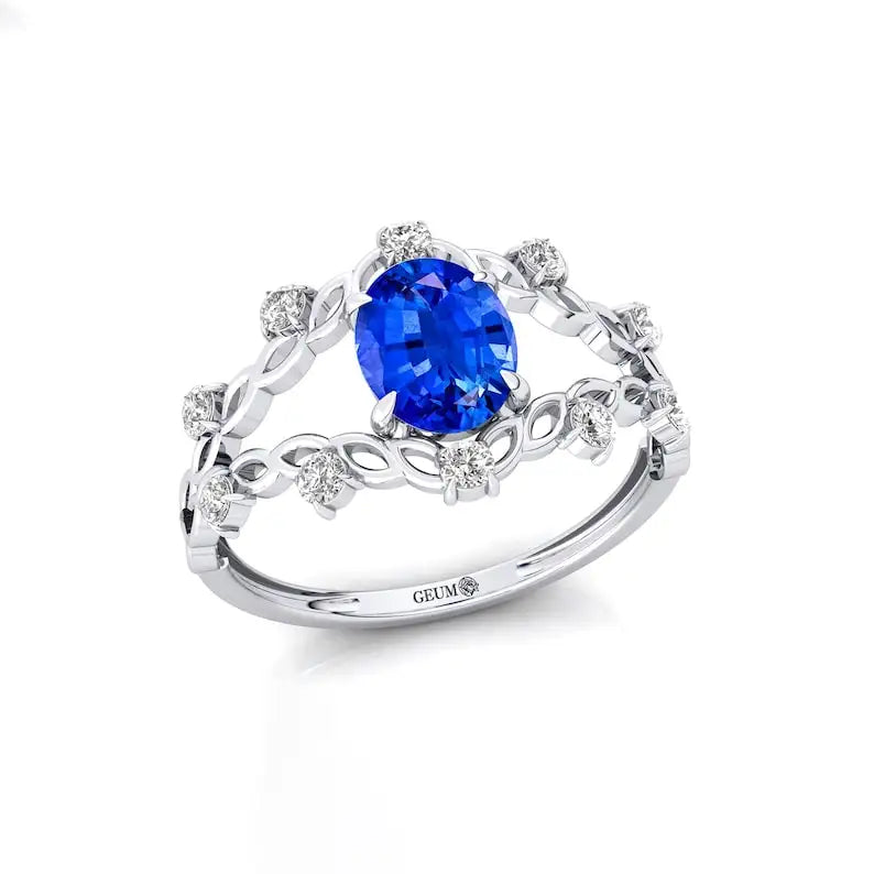 14kt Gold Lab Grown Blue Sapphire Gemstone & Real Diamonds Ring Prong Sett Split Shank Design Classic Wedding Statement Rings
