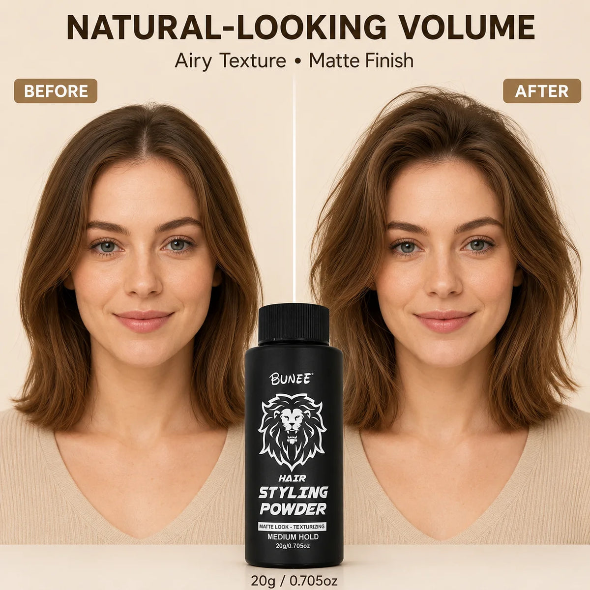 BUNEE Hair Styling Powder 20g, Root Volumizing Texturizing Powder with Matte Finish, Lightweight Medium Hold Hair Styling Powder