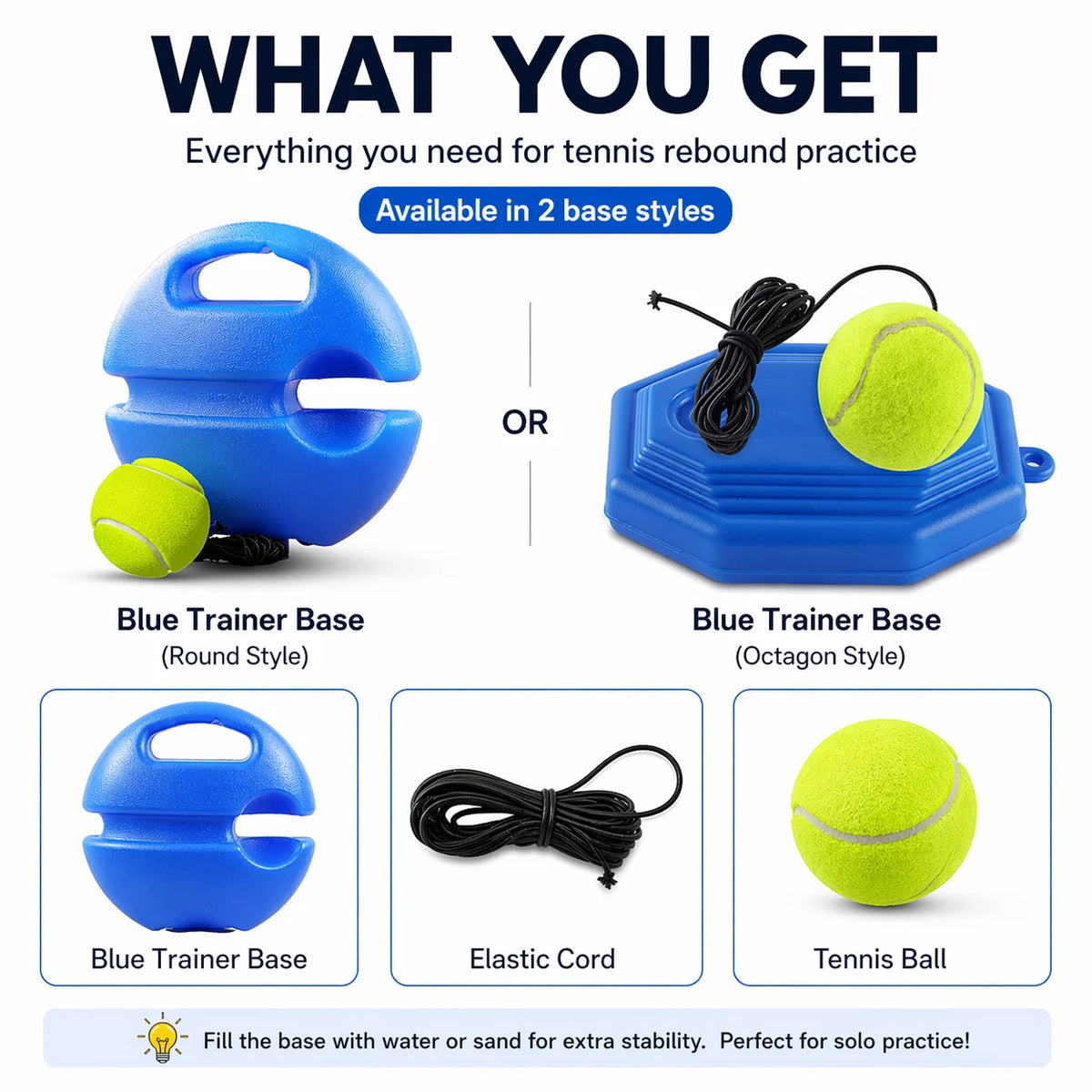 Portable Tennis Trainer Rebound Ball Set Solo Practice Tool with Elastic Cord Training Base for Tennis Practice Anywhere